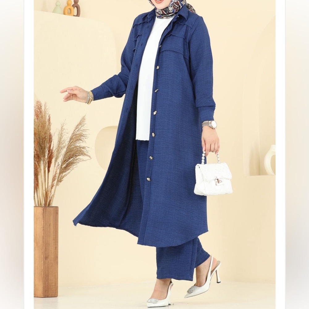 Elegant Blue Long Coat and Pants Set